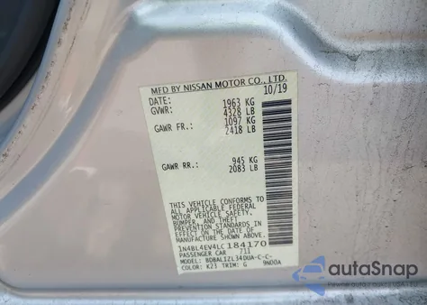 2020 Nissan Altima Sl Fwd из США, поврежденный, VIN 1N4BL4EV4LC184170